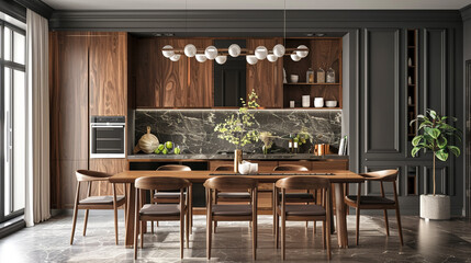 An elegant kitchen space featuring a stylish wooden dining set against a backdrop of a dark classic wall, evoking a sense of timeless beauty and grace.