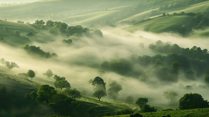 Mysterious fog on hillside in rural area