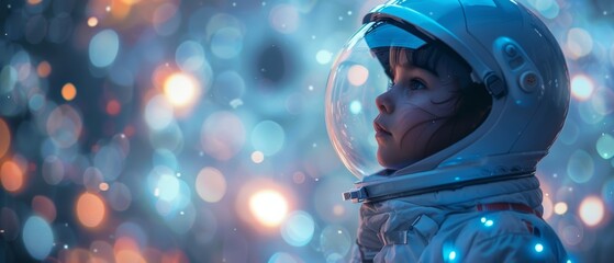 A child astronaut looks out at the stars in awe - obrazy, fototapety, plakaty