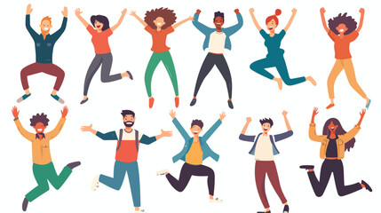Happy jumping office workers flat vector illustrati