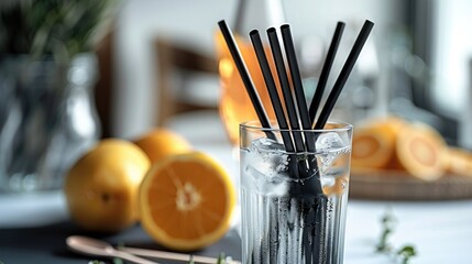 A set of black straws on a white table, a couple of cocktails on background. Generative AI.
