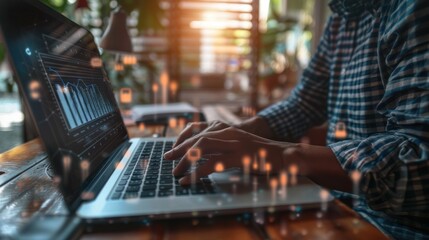 Business finance data analytic graph chart report, man using laptop computer background