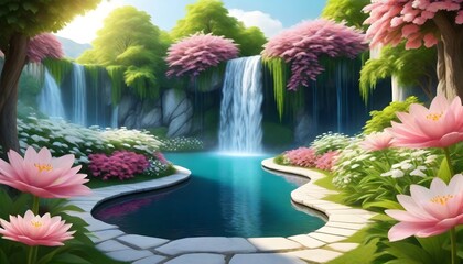 Beautiful garden with pink and white flowers, petals,waterfall, with access to the lake. Digital collage, mural and mural. Wallpaper. Poster design. Modular panel. 3d render