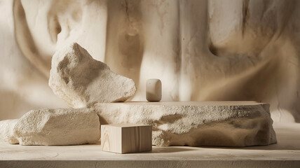 Composition empty podium material wood stone dry flowers. Product presentation. Background is beige. Beautiful in the style of deconstructed landscapes, serenity and calm, composition wood and stone 