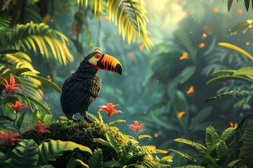 Fototapeta premium A cartoon toucan is sitting on a branch in a lush rainforest. The toucan is black with a yellow and orange beak. The rainforest is full of green plants and flowers. The sun is shining through the tree