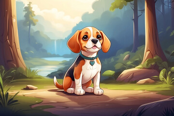 An adorable cartoon beagle with its face removed sits in a serene forest setting, creating curiosity