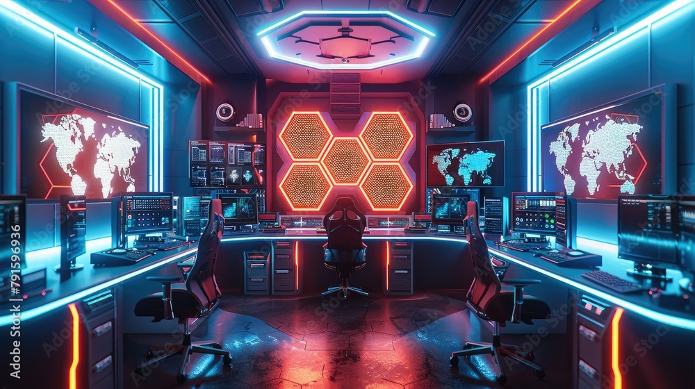 Aufkleber An office interior with multiple computer monitors, futuristic neon lighting and hexagonal designs on the walls, The room is filled with advanced tech equipment. Generative AI.