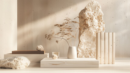 Composition empty podium material wood stone dry flowers. Product presentation. Background is beige. Beautiful in the style of deconstructed landscapes, serenity and calm, composition wood and stone 
