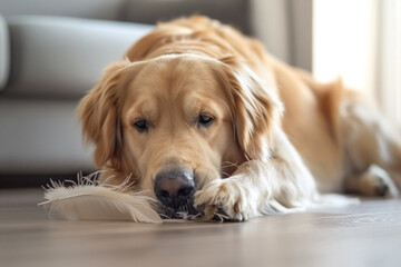 A Golden Retriever playing with a feather toy.
