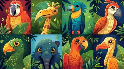 Obraz premium A cartoon illustration of a giraffe, elephant, macaw, parrot, and toucan in a jungle setting.