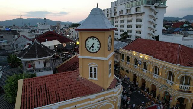 Aerial view of Phuket Old Town night market at sunset, in Phuket, Thailand