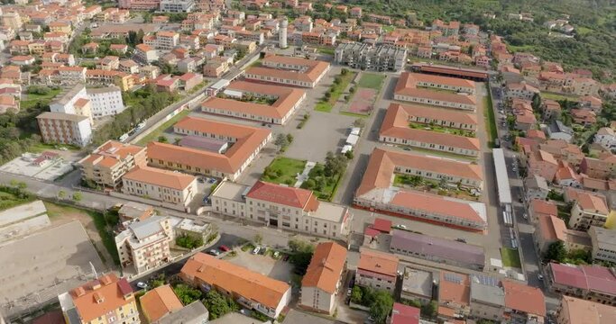 Aerial view of the Trieste barracks in Iglesias, southern Sardinia, Italy. It is a military facility used for the training of carabinieri officers.