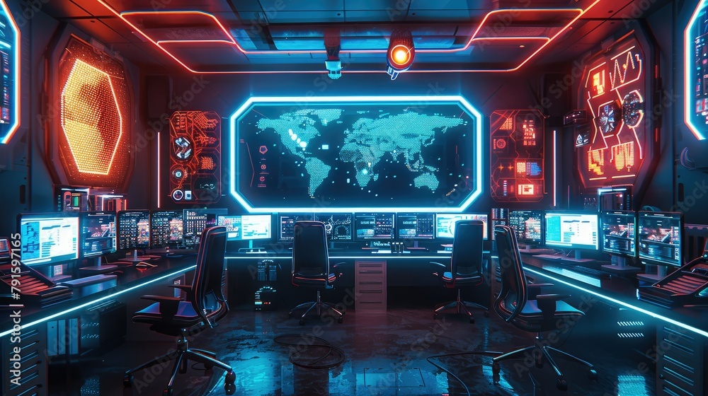 Poster an office interior with multiple computer monitors, futuristic neon lighting and hexagonal designs o