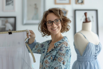 A beautiful woman with brown hair is measuring the waist of a mannequin in a blue dress on a white background, wearing glasses and smiling