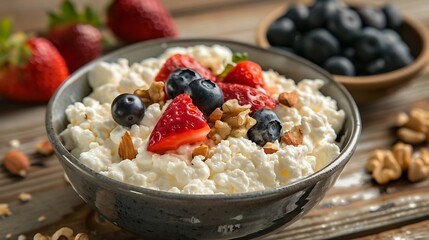 Cottage cheese with strawberries nuts and blueberries in gray bowl for breakfast - obrazy, fototapety, plakaty