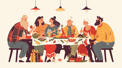 Happy people sitting at table eating holiday meals