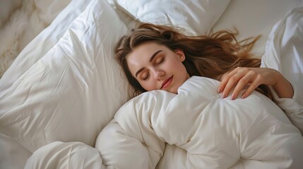 Obraz premium Young beautiful woman sleeping peacefully in a white bed