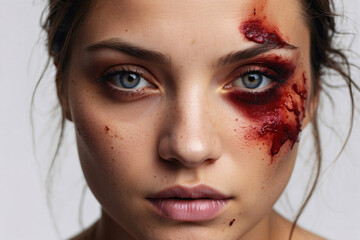 High-resolution image with intense focus on a woman's eyes decorated to simulate bleeding for artistic effect