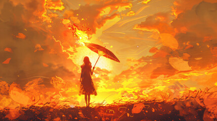 Mysterious woman holds the burning umbrella 