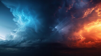 A composite image shows a blurred blue sky, a stormy sky with dark clouds at night, and lightning, emphasizing the theme of weather forecasting - obrazy, fototapety, plakaty