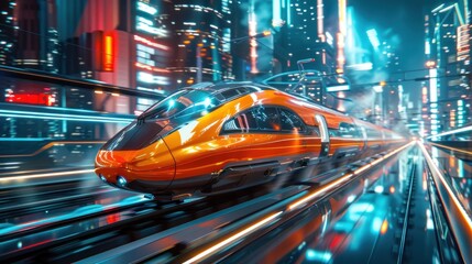 High-speed train zooming with motion blur through a futuristic neon-lit cityscape at night.