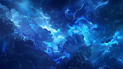 A dramatic and dark sky filled with blue clouds sets the stage for a thunderstorm, complete with rain and lightning - obrazy, fototapety, plakaty