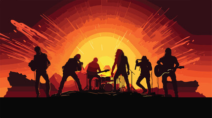 Fototapeta na wymiar Hard Rock band silhouette on stage. Action angle wi