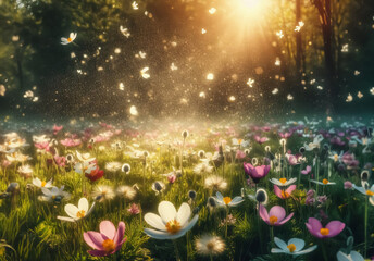 Blüten mit Staub, Pollen und kleine Partikel die im Sonnenschein durch die Luft fliegen - obrazy, fototapety, plakaty