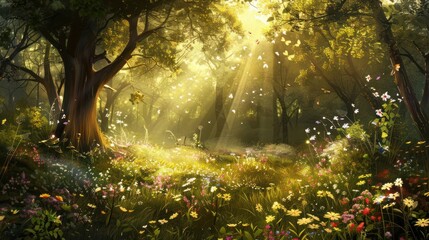 Obraz premium A tranquil forest glade bathed in soft sunlight, with wildflowers blooming and birds singing, offering a peaceful refuge for the soul