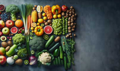 Frische Obst und Gemüsesorten auf einem dunklen Hintergrund mit copy space