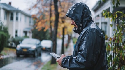 A man in a raincoat checks the weather on a virtual forecast application before leaving home, preparing for potential weather-related disruptions