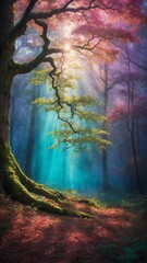 Sunlight pierces through canopy of mystical forest, casting ethereal beams that illuminate mist, reveal array of colors. Foreground dominated by ancient tree, its gnarled roots.