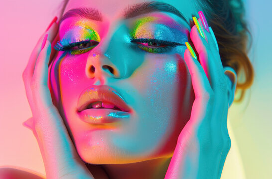 Beautiful woman with beautiful manicure posing in colorful neon light, commercial ad style photo shoot, beauty and fashion magazine photography