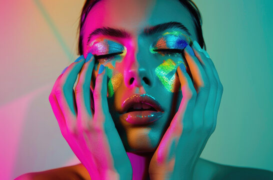 Beautiful woman with beautiful manicure posing in colorful neon light, commercial ad style photo shoot, beauty and fashion magazine photography