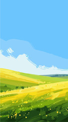 Rural summer landscape with a river and green meadows. Vector watercolor illustration