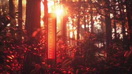 A red heat warning sign indicates a heatwave impacting climate change and global warming, with a thermometer showing 30 degrees Celsius in a natural forest setting