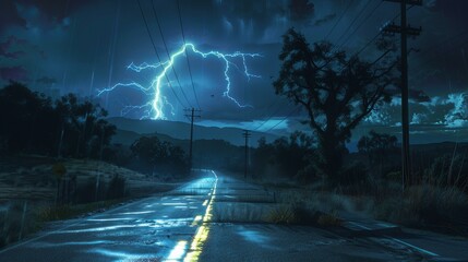 A road scene at night displays stormy weather with a striking lightning bolt - obrazy, fototapety, plakaty