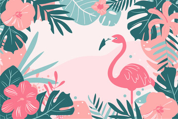 Tropical watercolor plants and flowers, summer holiday banner