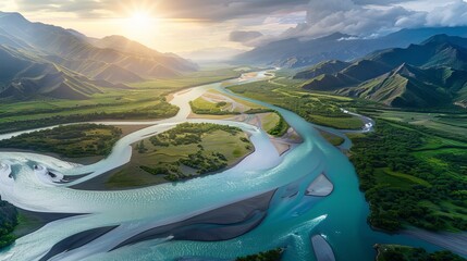 A stunning drone image captures the serpentine twists of a river estuary amid mountainous terrain - obrazy, fototapety, plakaty