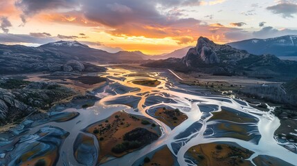 A stunning drone image captures the serpentine twists of a river estuary amid mountainous terrain - obrazy, fototapety, plakaty