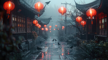 A relatively desolate ancient Chinese village, list with some red lanterns, crows. Generative AI.