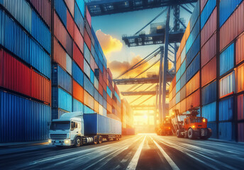 Logistik Konzept, ein weißer LKW, rechts und links hochgestapelte Container im Sonnenlicht - obrazy, fototapety, plakaty