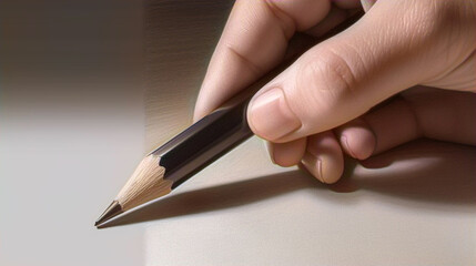close up of a hand holding a sharp black pencil, ready to write or draw on a blank surface, thumb supporting the bottom of the pencil and soft shadow