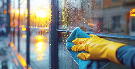 Close-up of the gloved hand of a glass cleaner cleaning the windows of the facade of a building with a cloth and cleaning products.