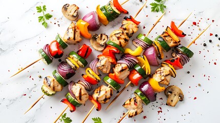 Grilled vegetable and chicken skewers with bell peppers zucchini onion and mushrooms on white marble background