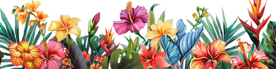 Tropical watercolor plants and flowers, summer holiday banner - obrazy, fototapety, plakaty
