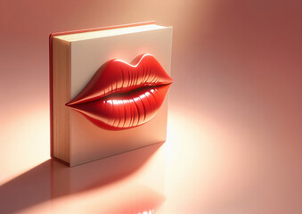 Ein roter Kussmund auf einem Buch mit rose farbenem Hintergrund, copy space
