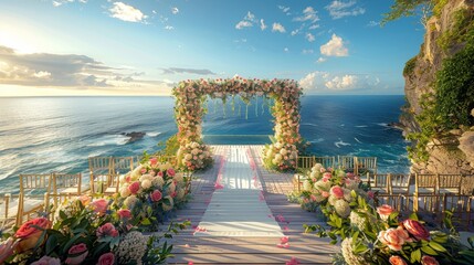 A beautiful wedding ceremony is held on a cliff overlooking the ocean. The bride and groom are standing under a flower arch, and the guests are seated in chairs on either side. The sun is setting, and