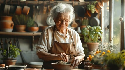 Cozy traditional kitchen with hanging dried herbs clay pots, an elderly woman in an apron smiles as she mixes homemade natural ingredients in a bowl to combat home humidity. Generative AI. - Powered by Adobe