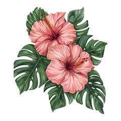 Tropical watercolor plants and flowers, summer holiday banner